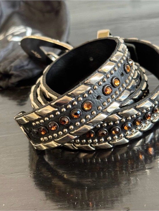 Vtg Kippy’s Size 36 Black Leather Western Belt Amber Swarovski Crystal Studded